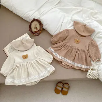 2023 Sonbahar Yeni Bebek Sevimli Ayı Uzun Kollu Bodysuit Yenidoğan Pamuk Tulum Elbise Toddler Kız Prenses Elbise 0-24M