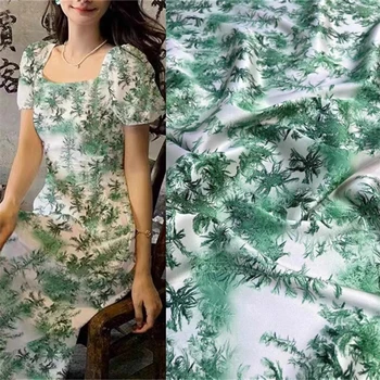 D Aile Orman Elastik İplik Saten Yeşil Baskılı Dut İpek Kumaş DIY Dikiş Elbise Gömlek Giyim Lüks İpek Kumaş