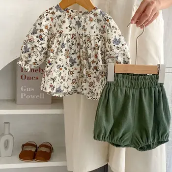 Ins 2023 Sonbahar Bebek Bebek Kız 2 adet Giysi Set pamuklu uzun kollu tişört Çiçek Üstleri Yeşil Ekmek Pantolon Takım Elbise Toddler Kız Kıyafetler