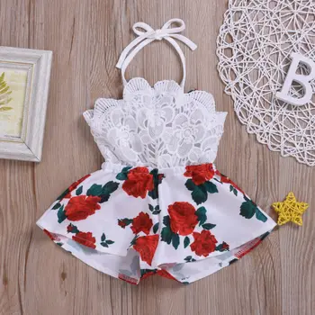 Yenidoğan Bebek Kız Giysileri Kolsuz Dantel Çiçek Baskı Askısı Romper Tulum Tek Parça Kıyafet yaz giysileri